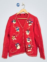 Red Christmas Cardigan with Snowman Appliques