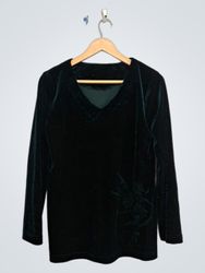 Green Velvet Long Sleeve V-Neck Top
