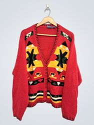 Beyond Blue Red Geometric Pattern Button-Up Cardig..
