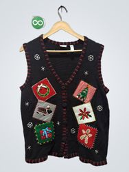 Holiday Editions Black Christmas Vest with Patches