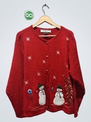 Red Christmas Sweater with Snowmen and Tree