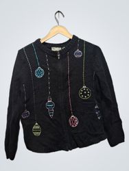 Croft & Barrow Black Christmas Ornament Zip Up Swe..