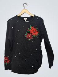 Adrian Gilfield Black Sweater with Poinsettia Embr..