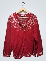 Croft & Barrow Red Snowflake Knit Zip-Up Sweater