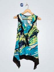 Blusa senza maniche con stampa astratta, orlo asim..