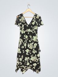 Black floral print dress with ruffled hem