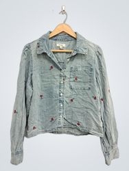 Kensie Light Wash Cherry Embroidered Button-Up Shi..