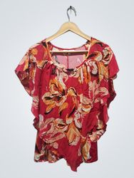 NOTATIONS Women's Red Floral Print Flutter Sleeve ..