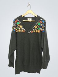Black V-Neck Sweater with Embellishments
