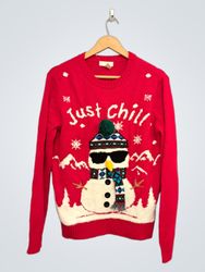 Red Christmas Sweater with Snowman Graphic