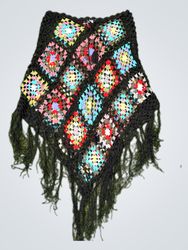 Crocheted Poncho with Colorful Squares and Fringe