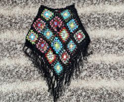 Crocheted Poncho with Colorful Squares and Fringe