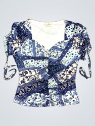 Top V com Decote em V Patchwork Azul EMBR