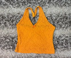 Top frente-única de renda cor laranja rosa desbota..