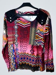 Afibel Damen Langarm Patchwork Druck Oberteil