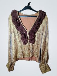 Gold Blouse with Brown Ruffle Collar