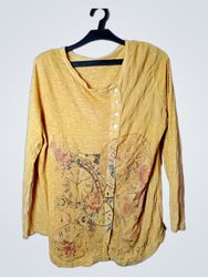 Yellow Long Sleeve Shirt with Clock and Floral Pri..