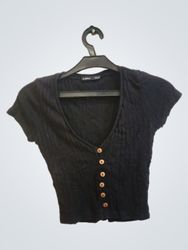 Pull&Bear Black Ribbed Button-Up Crop Top