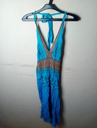 Blue Halter Dress with Brown Embellishments
