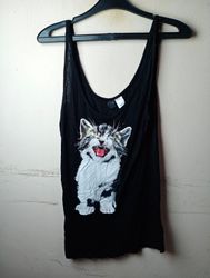 Black Tank Top with Kitten Graphic