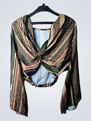 Women's Printed Twist Front Bell Sleeve Crop Top