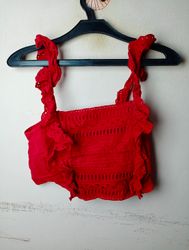 Stradivarius Red Eyelet Ruffle Crop Top