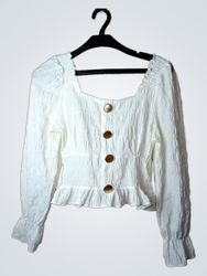 White Square Neck Smocked Blouse with Gold Buttons