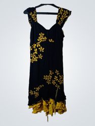 Black dress with yellow floral print and ruffled h..