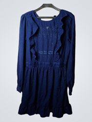 Naf Naf Navy Ruffled Long Sleeve Dress