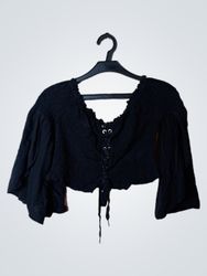 Black Smocked Lace-Up Crop Top