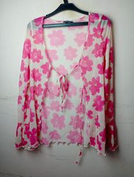 MONKI Cardigan kimono transparent à fleurs roses