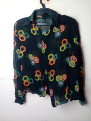 Black Sheer Button-Up Shirt with Hexagonal Pattern