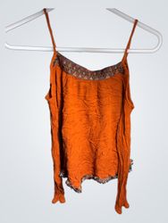 Orange Tank Top with Embroidered Neckline and Frin..