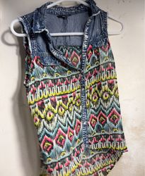 Tally Weijl Sleeveless Denim and Print Blouse
