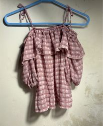 Pink and White Plaid Ruffle Off-the-Shoulder Top