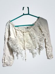 Cream off-the-shoulder lace crop top with drawstri..