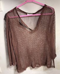 Brown Mesh V-Neck Long Sleeve Top