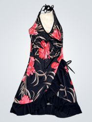 Black halter neck dress with red floral print