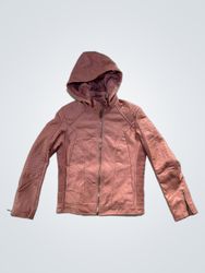 Pink Hooded Faux Leather Jacket with Fur Lining