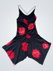 Black dress with red rose print and chain detail