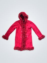 Red Hooded Faux Fur Trimmed Coat