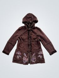 Brown Faux Suede Embroidered Hooded Jacket with Fu..