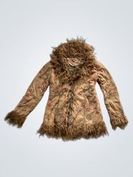 MOJO Floral Print Faux Fur Trim Jacket