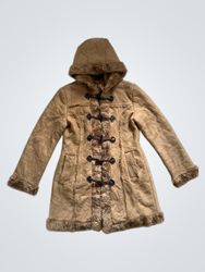 Brown Hooded Toggle Coat with Faux Fur Trim