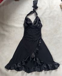 Black halter neck ruffled dress