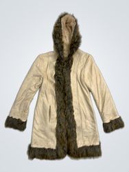 Beige Faux Fur Trimmed Hooded Coat