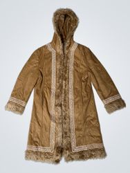 BARISA Brown Faux Suede Fur Lined Hooded Coat