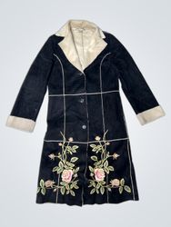 Black Embroidered Faux Suede Coat