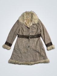 Beige faux fur trim coat with embroidered belt