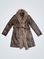 Promod Faux Leather Fur Trimmed Coat